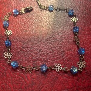 VTG 90s Blue Beaded Floral Anklet with Silver Fairy Accents
